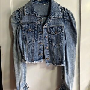 Cropped Light Blue Denim Jean Jacket with Puff Shoulders